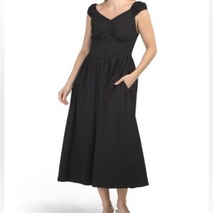 NWT - LEA Cotton Ruched Bodice & Shoulder Straps V-Waist Black Maxi Dress-Size L